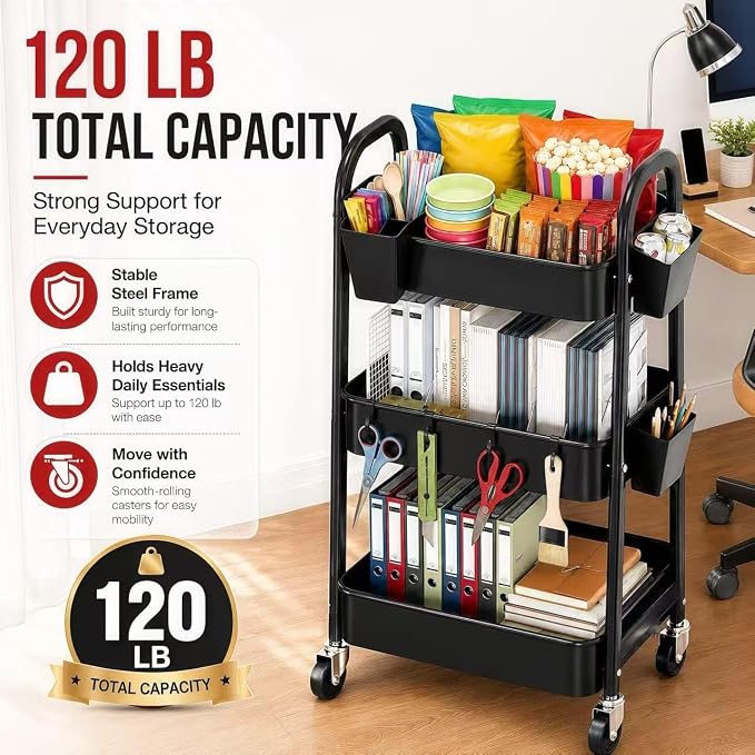 3 Tier Metal Rolling Cart Organizer, Black Utility Storage Cart with Wheels | Three Tiered Utility Roller Shelf for Craft, Art Supply, Snack, Laundry, Bathroom, Baby Essentials, Diaper Caddy, Nursery