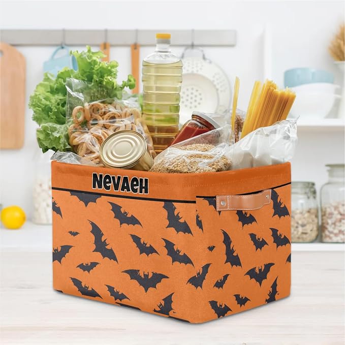 Personalized Kids Toy Box Name, Custom Nursery Baskets Cubes Box, Girls Custom Storage Basket Laundry Baskets Organizer with Handles, Black Bats Pattern Orange Background