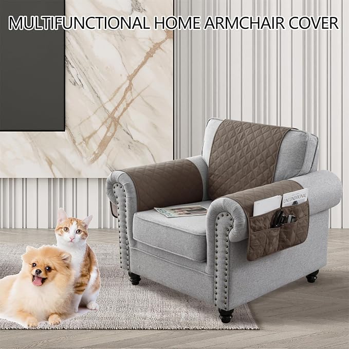 Armchair Arm Cover, Headrest Cover for Recliner Chair Waterproof Nonslip Lengthen Armrest Slipcover with Organizer for Recliner, Chair, Sofa (Taupe,1 Seater 3pcs)