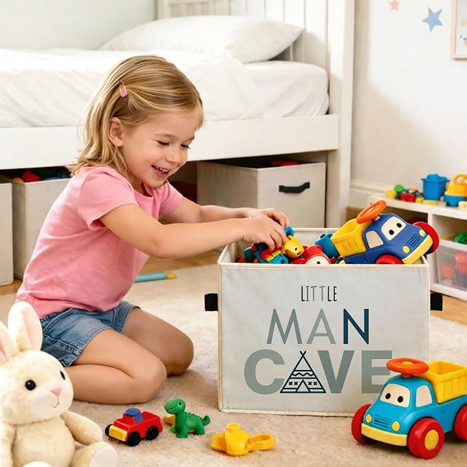 Little Man Cave Storage Bin, Foldable Fabric Basket for Boys Nursery | Foldable fabric storage bin with little man cave design for toys, books, clothes, nursery, bedroom, and playroom use.