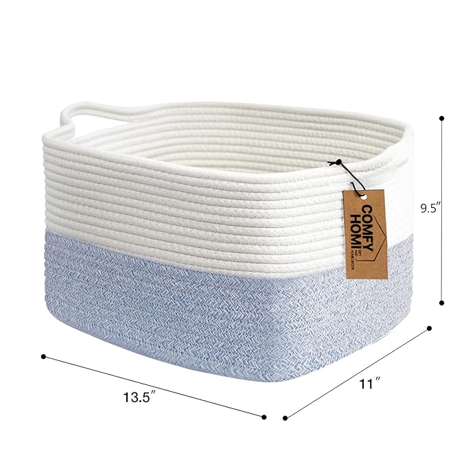 COMFY-HOMI Cotton Rope Woven Basket with Handles for Shelves,Toys,Book, Cloth Storage Baskets Bin for Organizing- 1 PCSToy Decorative Organizer for Living Room, Bathroom