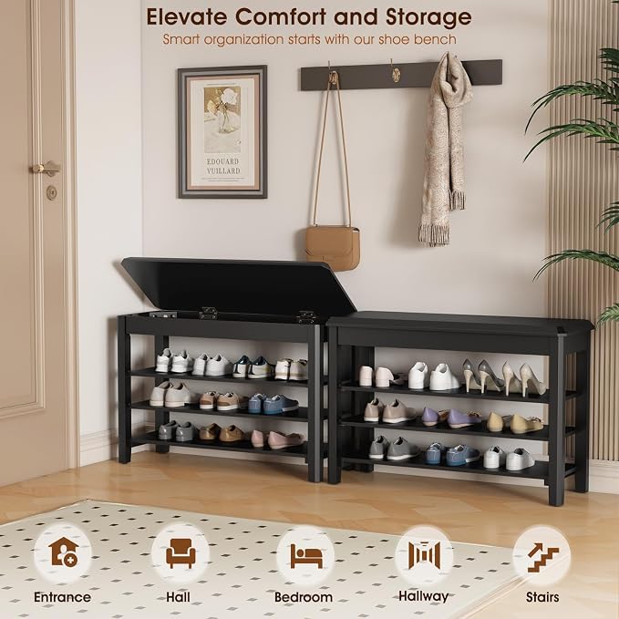 IUNVR Shoe Rack Bench Seat Rubberwood 3-Tier Wooden Storage Bench 550lbs Compact Mid-Century Modern Design for Entryway, Hallway, Closet, Front Door Entrance, Foyer