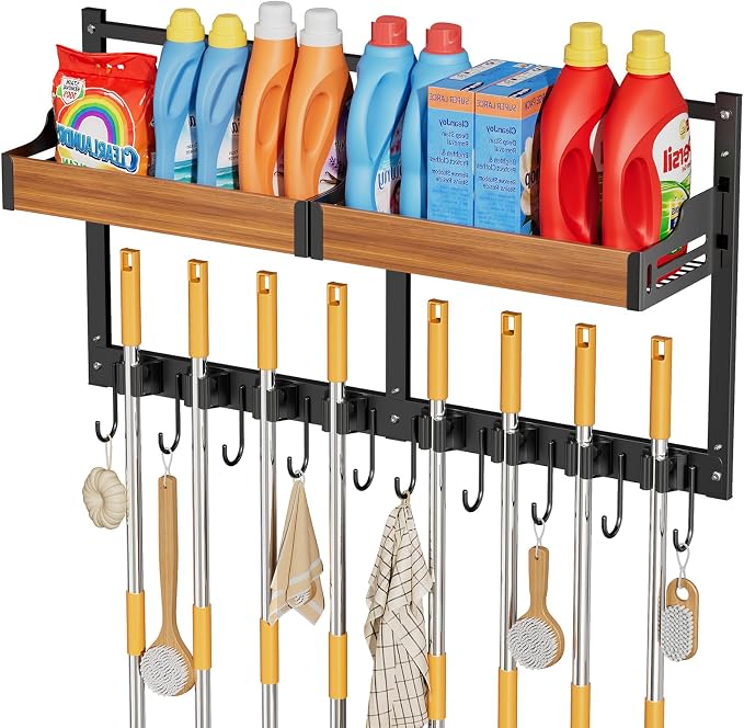 Broom and Mop Organizer Wall Hanging, Broom Holder Wall Mount with Cleaning Supplies Organizer, Broom Hanger Wall Mount with Storage Shelf and Hooks for Laundry Room Garage Kitchen