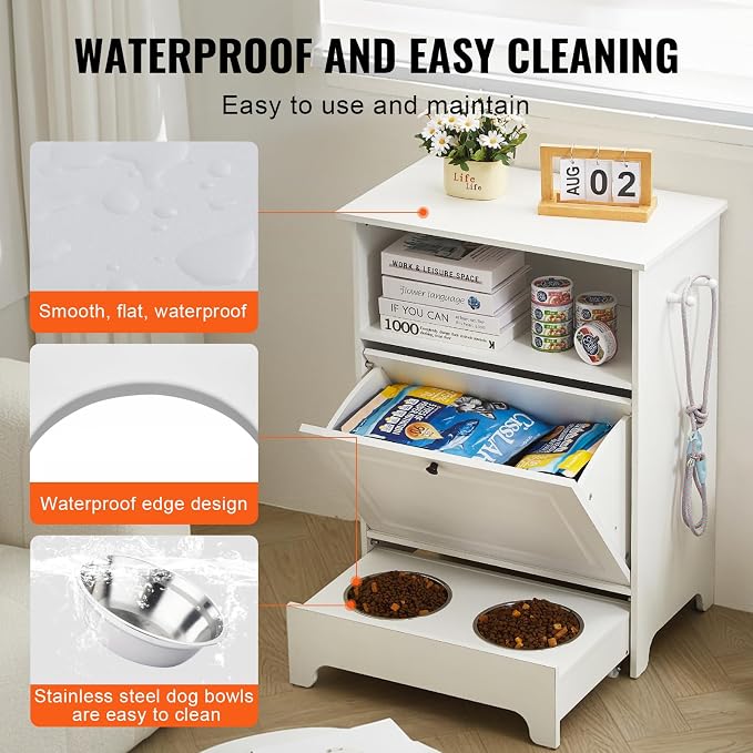 VEVOR Pet Feeding Station with 2 Elevated Dog Bowls, Raised Dog Bowls Stand with Storage, Food Cabinet with Hidden Pull-Out Bowl, Feeder Station, Pet Toy Storage Organizer for Dogs Cats, White