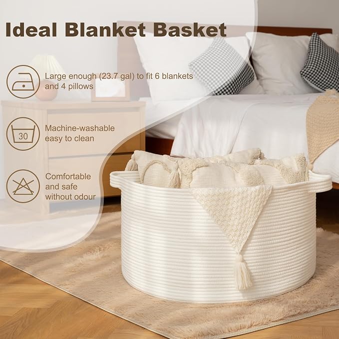 OIAHOMY 90L Extra Large Blanket Basket - Decorative Cotton Rope Storage Basket for Bedroom, Living Room & Nursery - Woven Laundry Hamper for Organizing Blankets, Clothes & Toys - White