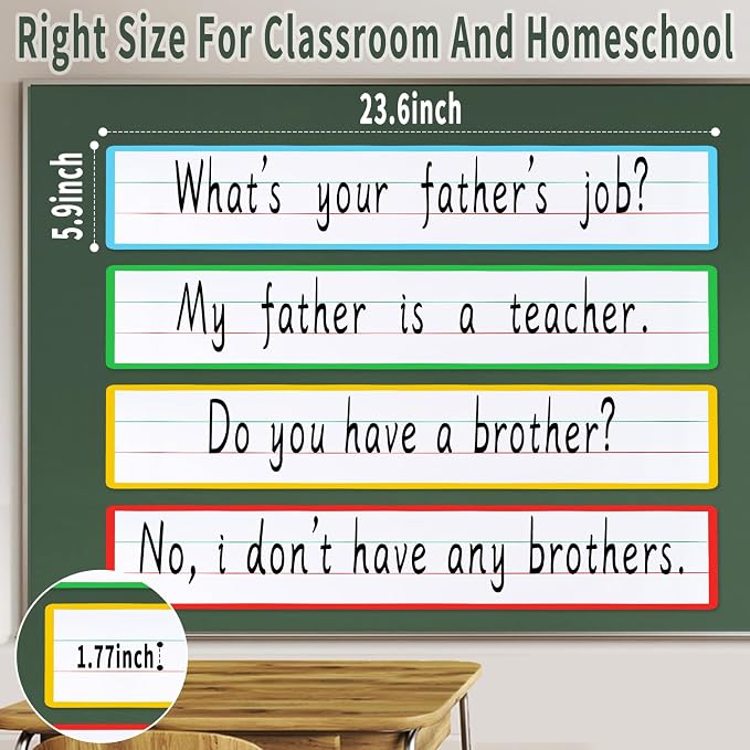 4 Sheet 23.6×5.9inch Dry Erase Magnetic Sentence Strips for Classroom Whiteboard & Fridge Handwriting Lined Paper for Home Teacher Must Haves Word Alphabet Practice Tool