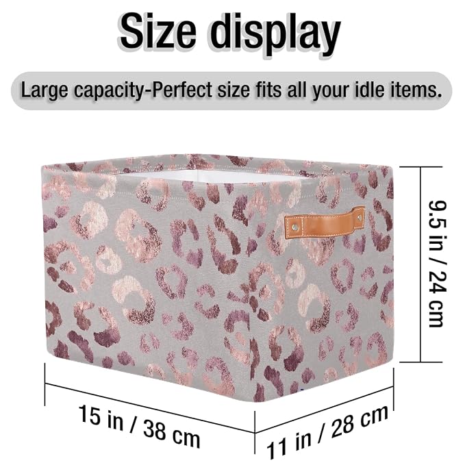 SEULIFE Rose Gold Leopard Print Pink Foldable Storage Basket, Large Collapsible Organizer Storage Bin Cube Toys Storage Boxes with Handles for Bathroom Kids Nursery Closet Storage, 2 Pack