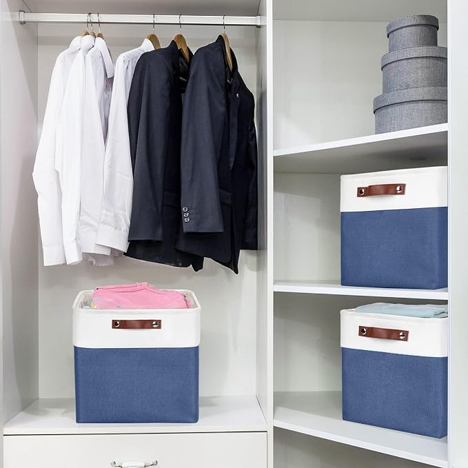 Bagnizer 13x13 Cube Storage Bins, Collapsible Fabric Storage Box, 4 Pack Closet Baskets with Handles for Organizing, Shelf, Toys, Clothes, Home, Office, Nursery (NavyBlue&White)