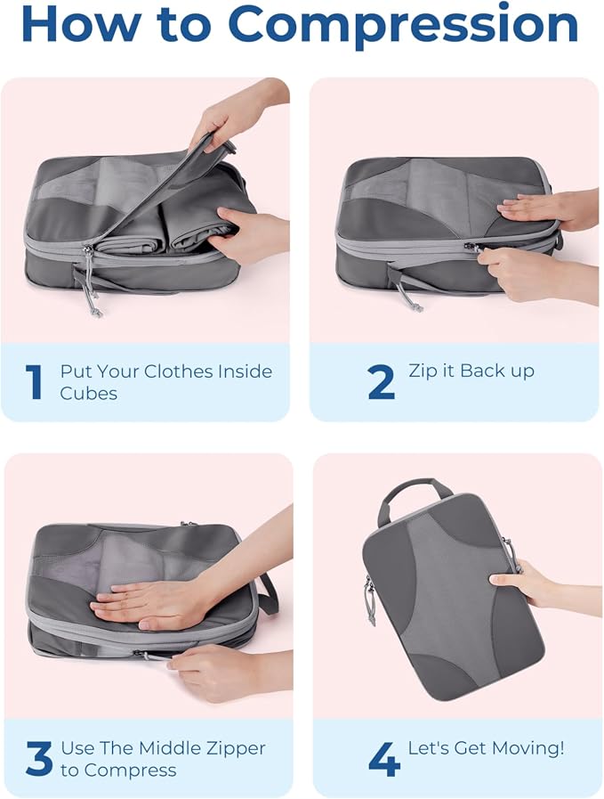 Bagsmart Compression Packing Cubes, Travel Bag Cruise Ship Essentials | Lightweight, Compressible Suitcase Organizer Set fit Standard Carry-On & Checked Luggage, 6 Set, 14 Set Washable Packing Bags