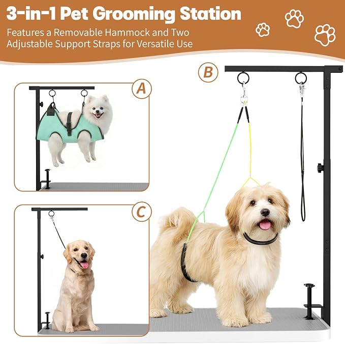 Dog Grooming Table Arm, 31.5"-43.3" Adjustable Pet Stand with Hammock & Clips – 3-in-1 Grooming Kit for Nail Trimming, Haircut & Drying, Home Supplies for Small Dogs