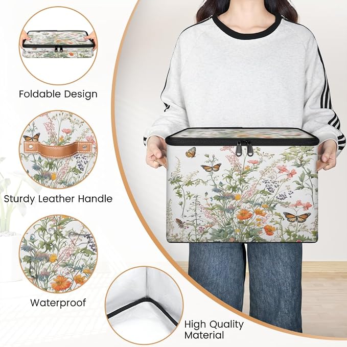 Pardick Storage Bin Wild Floral Butterfly Storage Baskets with Zipper Lid & Handle Foldable Closet Shelf Cloth Organizer Basket Cube Bins Clothes Organizer for Nursery, Bedroom