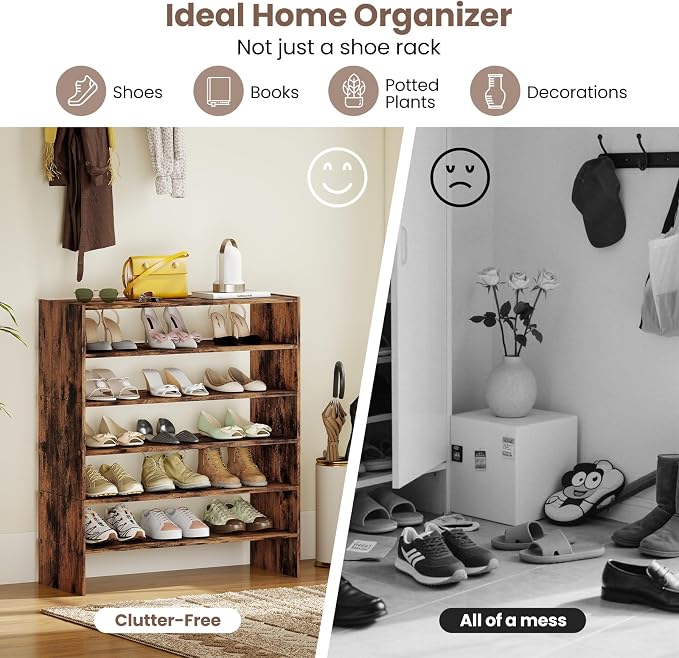 COSTWAY 6-Tier Shoe Rack, Extra Wide Shoe Shelf Organizer | Stackable Design, 31" Freestanding Adjustable Storage Shoe Stand for Small Space Entryway Hallway Closet (2,Rustic Brown)