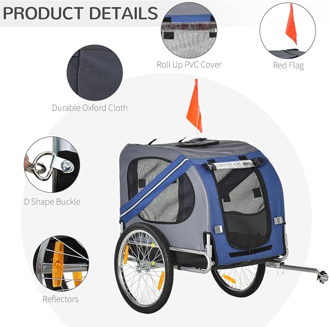 Dog Bike Trailer Pet Cart Wagon Cargo Carrier Attachment for Travel with 3 Entrances Large Wheels for Off-Road & Mesh Screen - Blue / Grey - Steel - Weather Protect - Camping Hiking Walking Cycling