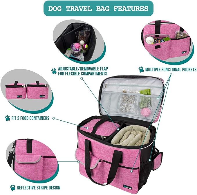 PetAmi Dog Travel Bag Organizer, Pet Supplies Tote Diaper Bag, Pink Large | Pet Travel Kit with 2 Food Containers & 2 Collapsible Dog Bowls, Luggage Sleeve, Weekend Getaway Road Trip Camping Essentials