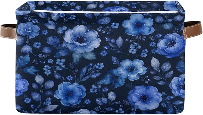 Kigai Storage Basket, Fabric Collapsible Closet Organizer Bin | Blue Flowers Waterproof Foldable Canvas Basket with Handles for Shelves, Nursery, Closet, Bedroom & Bathroom