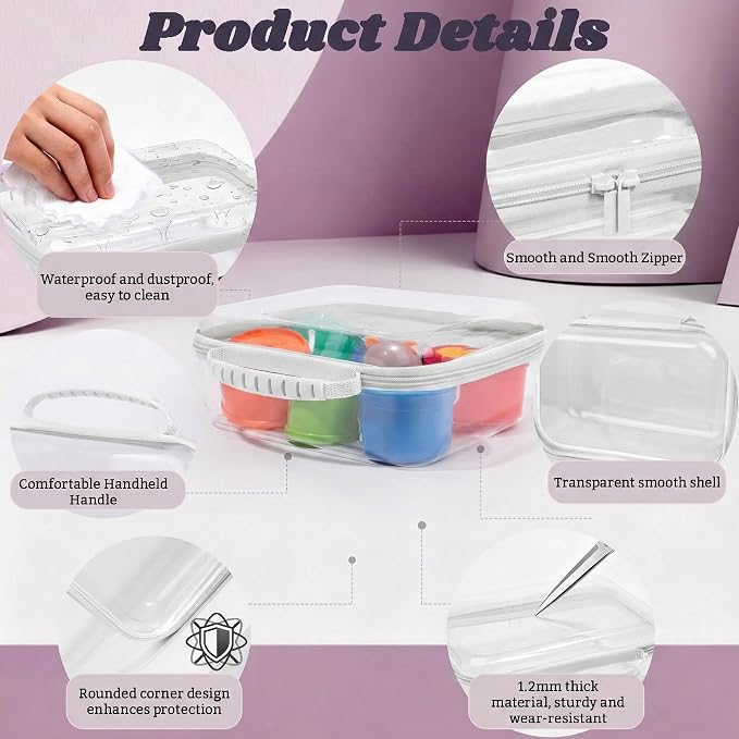 3 Pack Deep Clear Hard Shell Zipper Cases with Handle (White) | Travel Toiletry Bag, Waterproof 1.2mm PET Hard Plastic Pouches, Organizer Box for Makeup, Toy, Snack, Stationery, Diaper