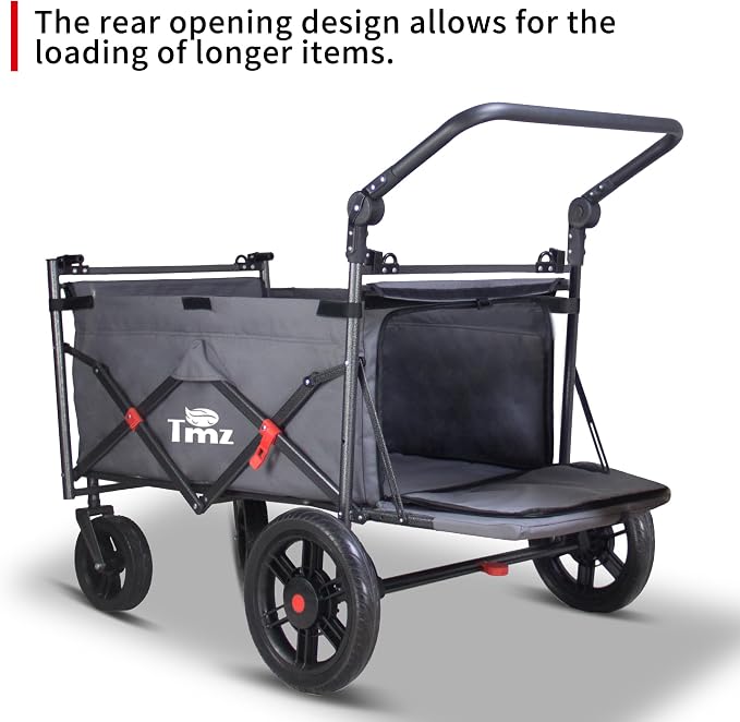 TMZ Collapsible Wagon Cart, Folding Utility Wagon with Breathable Fabric, Canopy, Expandable Storage, Adjustable Handle, Brake, Heavy Duty Cart for Walking & Camping (Grey)