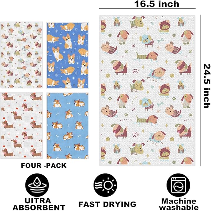 Hanamiya Na 4Pcs Adorable Cartoon Dog Kitchen Towels, Corgi & Dachshund Decorative Absorbent Microfiber Dish Cloth Tea Towel, Waffle Hand Towels for Farmhouse Home Bathroom, Dog Lover Gifts