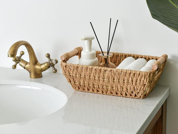 StorageWorks Hand-Woven Small Wicker Baskets, Round Paper Rope Storage Baskets with Wooden Handles, Light Brown, 2-Pack | Wicker Storage Baskets for Shelves, Baskets with Wooden Handles, 2-Pack Gifts Basket for Home Decor, Hand-Woven Basket