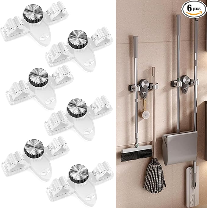 6PCS Broom Holder Mop Hanger Wall Mount, No Drill Suction Cup Mop and Broom Organizer with Hooks, Space Saving Adjustable Rack Removable Mop Clip for Bathroom, Kitchen, Garage, Laundry Room
