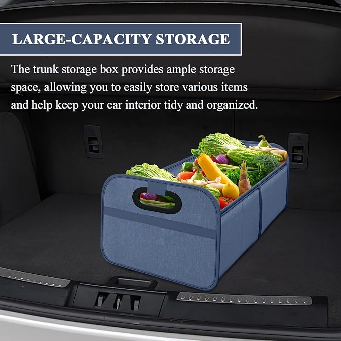 Car Trunk Organizer, Foldable Car Trunk Storage Box with 2 Compartments & Mesh Pocket, Large Capacity, Portable with Handle, Collapsible Backseat Storage Organizer for SUV Truck Sedan (Blue)
