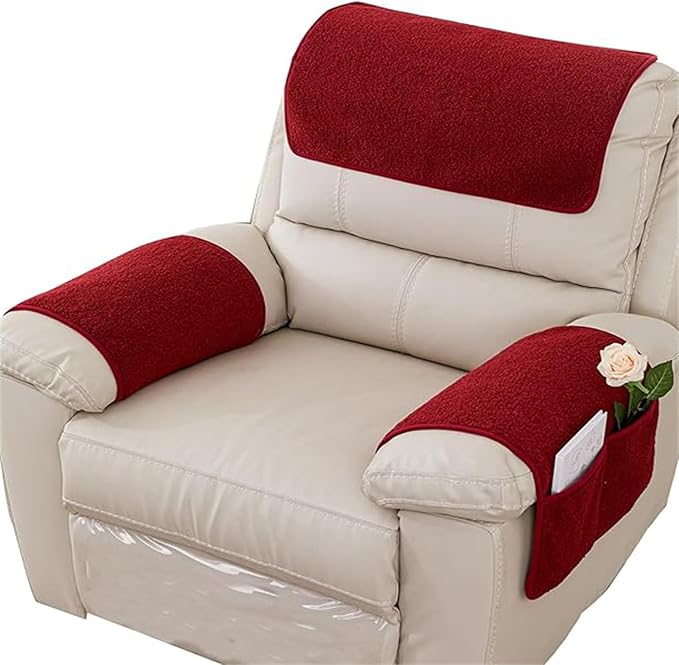 Sherpa Fleece Armrest and Headrest Covers with 2 Pockets | Soft fleece with nonslip silicone backing helps protect leather and fabric furniture from pet scratches machine washable