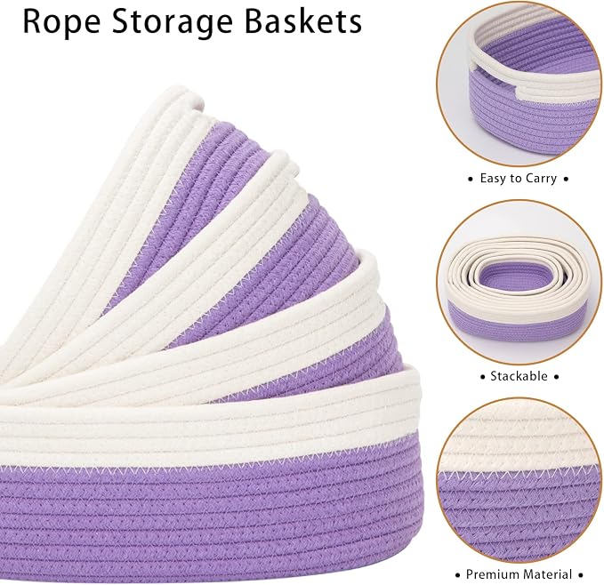 7 Piece Cotton Rope Woven Basket Set - Small Basket for Baby Nursery, Pets, Montessori, Dog & Cat Toy Boxes, Bathroom Organization Bins (White/Purple)