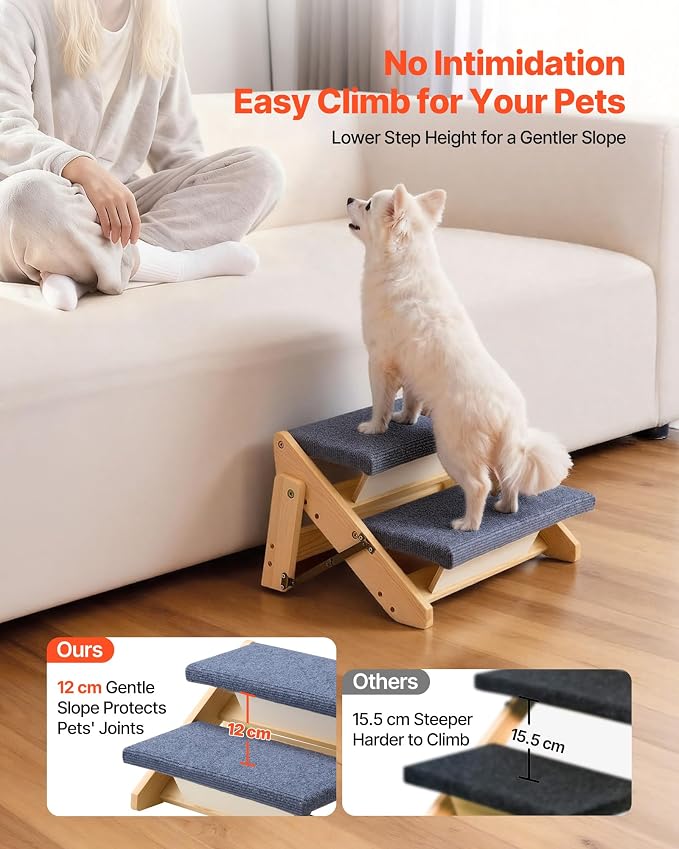 VEVOR Wood Pet Stairs, 2-Step Dog Stairs for Beds, Sofa & Cars, 110lbs Load Capacity, Floded Flat Design, Stable & Sturdy Cat & Dog Step Ladder for Small Medium Large Older Pet Puppy Essentials