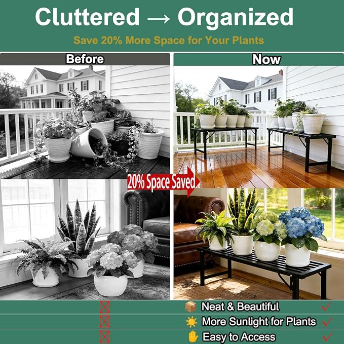 Foldable Plant Stand, No Assembly Heavy Duty Iron Plant Shelf, Rustproof Single Tier Plant Rack for Indoor Outdoor, Long Narrow Flower Stand for Patio Balcony Garden Living Room, L33" xH11.7"x W9.7"