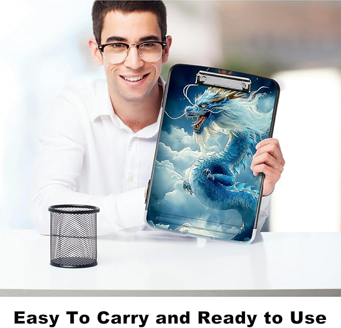 A4 Clipboard with Storage Pen Holder, Clipboards Organizer Nursing Clipboard Foldable File Folder Plastic Clipboard Folio Clip Board for Office Work Classroom Doctor, Cloud Blue Dragon