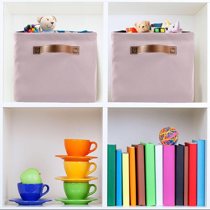 Pink Easter Bunny Rabbit Storage Basket with Waterproof Liner and PU Handles Happy Easter Day Eggs Lily Flowers Storage Bins Boxes 14.2" Collapsible Decorative Organizer Baskets for Closet 2 Pack