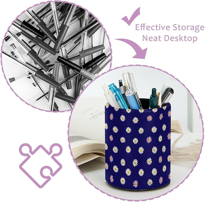 Faux Leather Pen Holder for Desk, Pencil Organizer Daisy Pen Cup Desk Decor Makeup Brush Holder Storage for Office Home