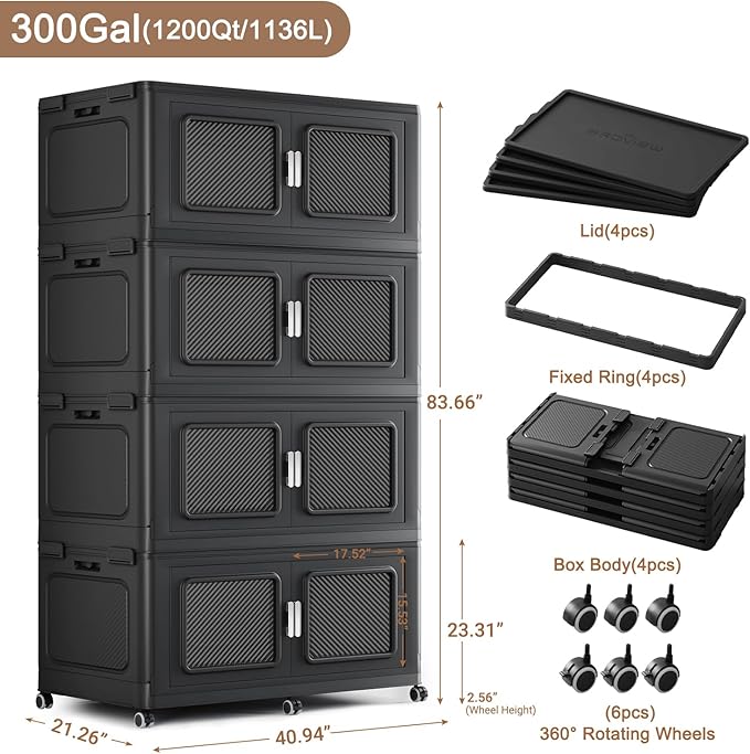 BROVIEW 1200 Qt Extra Large Stackable Storage Bin with Lids, 4 Pack Black | 300Gal Extra Large, Collapsible Storage Boxes with 4 Lids, Folding& Rolling Plastic Drawer, Heavy-Duty Cabinet Organization