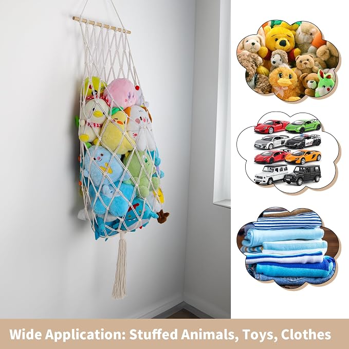 68 Inch Stuffed Animal Storage Net Corner Stuffy Hammock,Cream | Boho Macrame Large Toy Hammock for Stuffed Animals Organizer,Wall Ceiling Over Door Stuffy Storage Holder,Nursery Room Decor