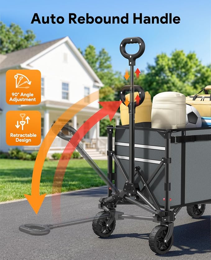 Collapsible Wagon with Wheels,120L Wagon Cart for Camping Groceries Beach | 220lbs Capacity Wagon Carts Foldablet,Smallest Folding Size,Lightweight Portable,Adjustable Handle,Transport long items
