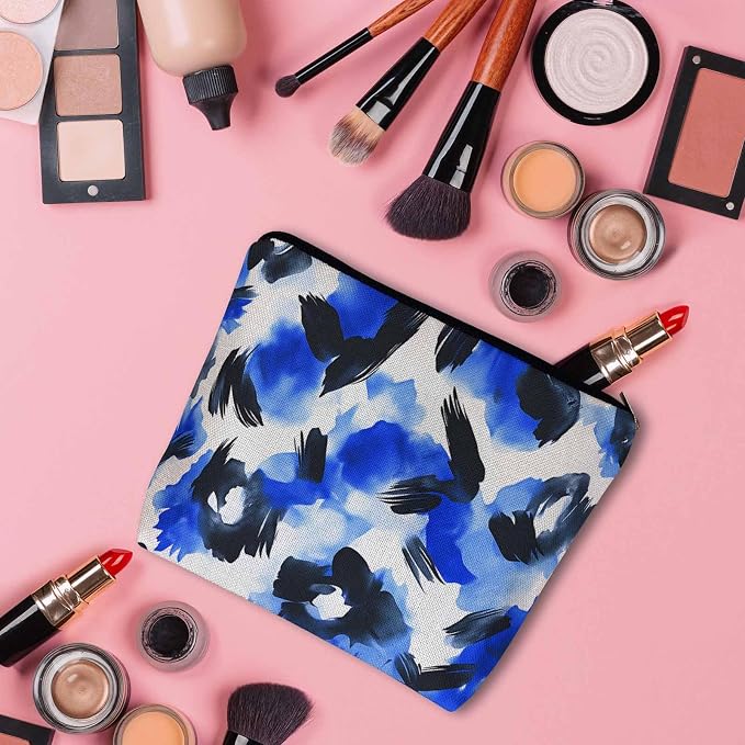 Leopard Print Makeup Bag For Women, Leopard Skin Adorable Cosmetic Bag Makeup Bags, Leopard Fur Zipper Bag Travel Bags Toiletry Organizers Pouch Bags Washing Bags For Gym Bathroom Blue Black