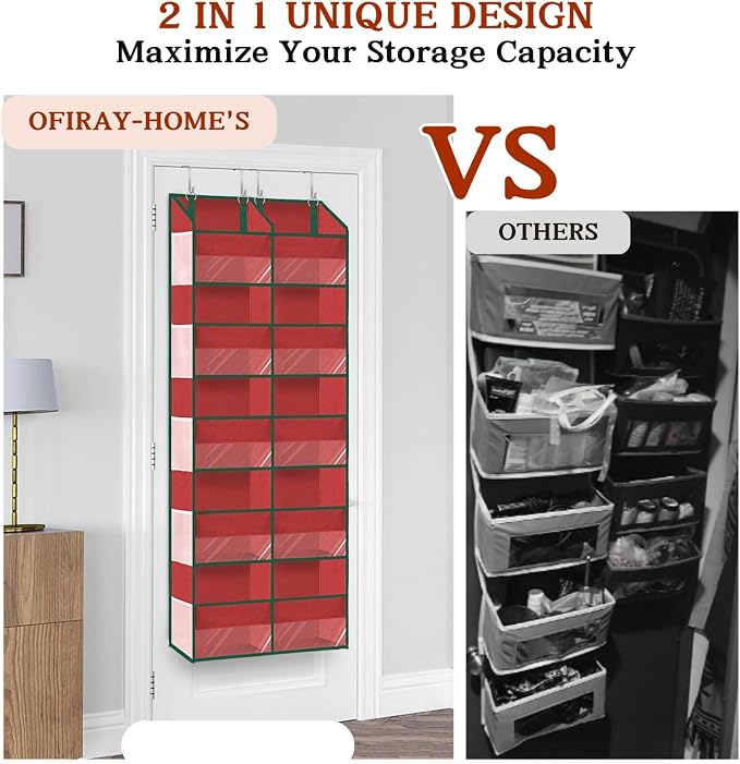 Over The Door Organizer 5 Tiers Extra Large Behind Door Storage of 10 | 80 lbs Weight Capacity Hanging Storage Organizer with Clear Window Kids Toys, Shoes, Diapers, Red