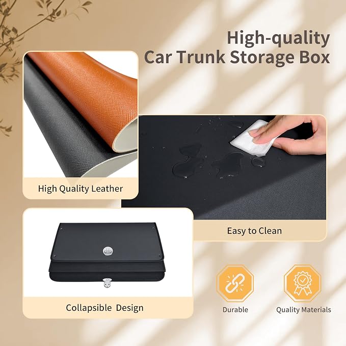 Leather Car Trunk Organizer SUV Trunk Organizer Car Trunk Storage Organizer | Large Trunk Organizer with Lid and Sturdy Handle Car Cargo Storage Box (Black, 33 x 11.4 x 12.2in)