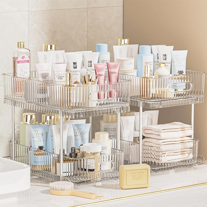 2 Pack Under Sink Organizer and Storage, 2 Tier Pull-Out Bathroom Organizers for Cabinet, Kitchen, Clear