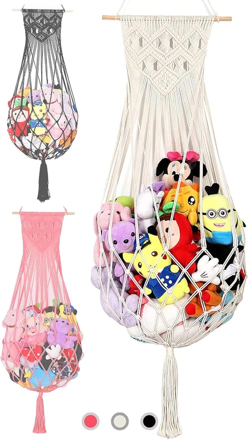 Stuffed Animal Hammock Wall Hanging Net for Stuffed Animal Storage Plush Toy Holder Macrame Toy Display for Boho Kidroom Decor Nursery Organizer (Cream)