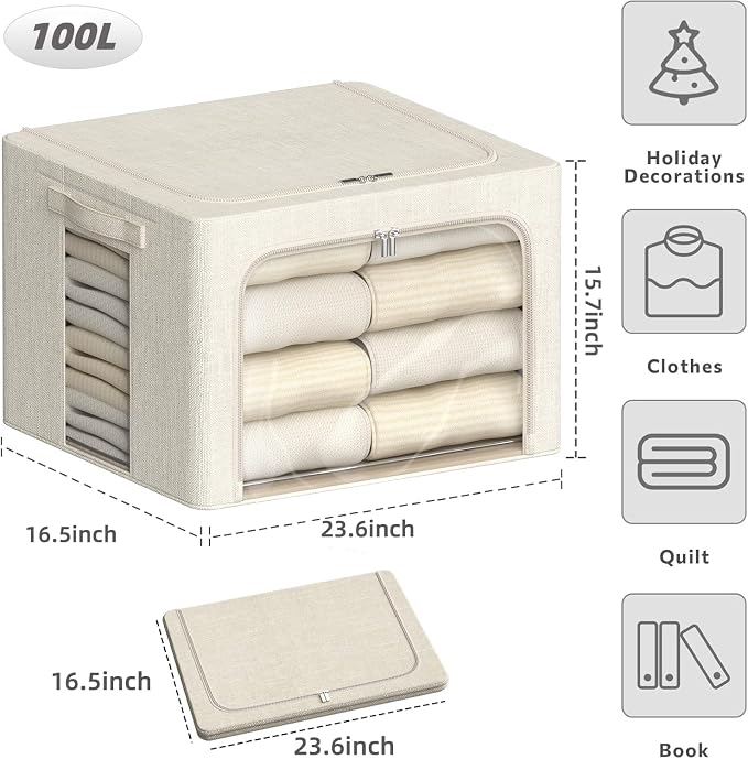 4 Pack Clothes Storage Bins with Metal Frame - 100L Stackable Storage Box with Lid，Foldable Storage Container Organizer for Clothes，Linen Fabric Storage Box with Clear Window＆Zippers＆Handles