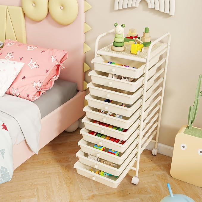 10 Drawer Rolling Storage Cart, Organization Cart on Drawers for Craft Makeup Paper Tool Art Supply, Versatile Utility Cart on Wheels for Home Office Classroom School (White)