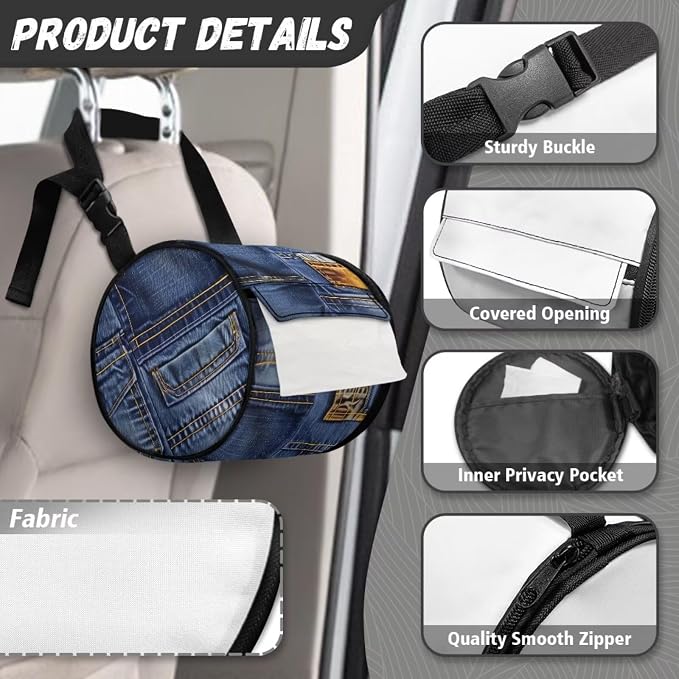 Hanging Bathroom Toilet Paper Tissue Holder Wall Mounted Tissue Towel Roll Holder with Adjustable Strap Easy Installation,Denim Patchwork Pattern
