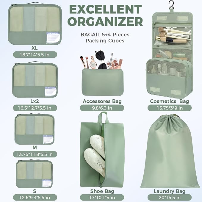 BAGAIL 9 Set Packing Cubes with Packing List Luggage Packing Organizers for Travel Accessories (Matcha Green)