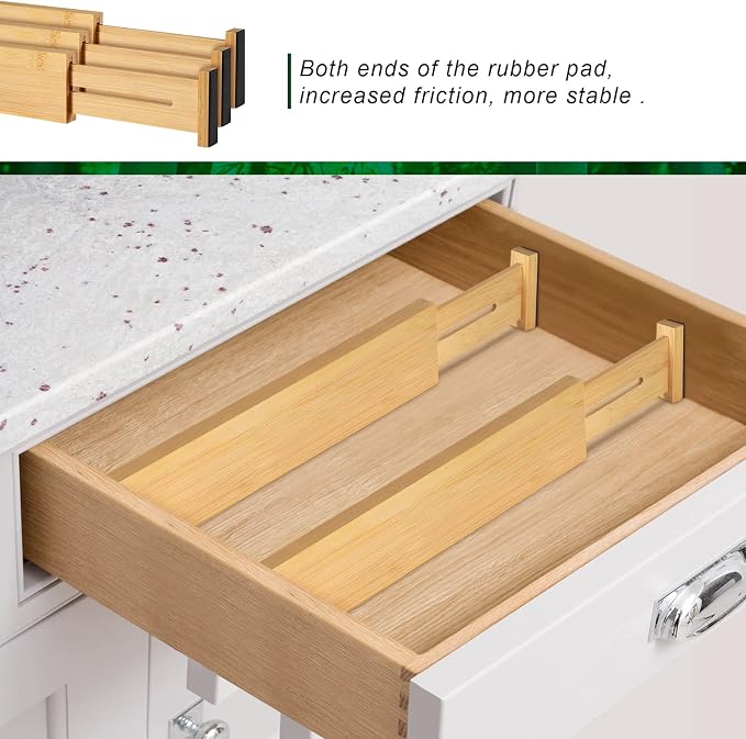 4 Pack Bamboo Drawer Dividers 2.6" High, Adjustable from 12 Inch to 17 Inch | Expandable Kitchen Drawer Organizer Separators for Clothes, Kitchen, Bedroom, Dresser, Office (Beige)