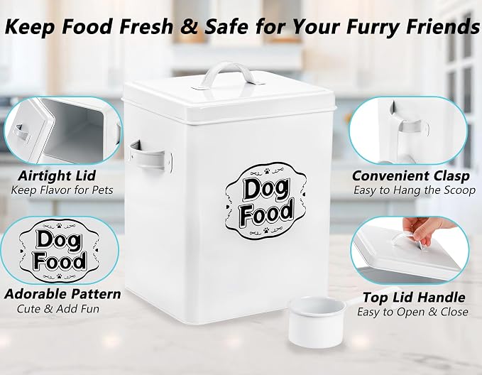 5-7 Lbs(25 Cup) Metal Dog Food Storage Container with Lid and Scoop, Airtight Dog Treat Container, Farmhouse Pet Food Storage Container, Cute Dog Food Canister, Gift for Dogs and Owners, White