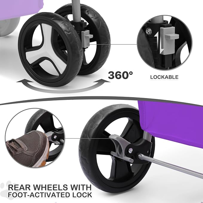 MoNiBloom Pet Stroller for Small/Medium Dogs and Cats up to 33 lbs, Purple | Foldable Dog Stroller 3 Wheels Pet Strolling Cart w/ Storage Basket Cup Holder, Breathable and Visible Mesh for All-Season