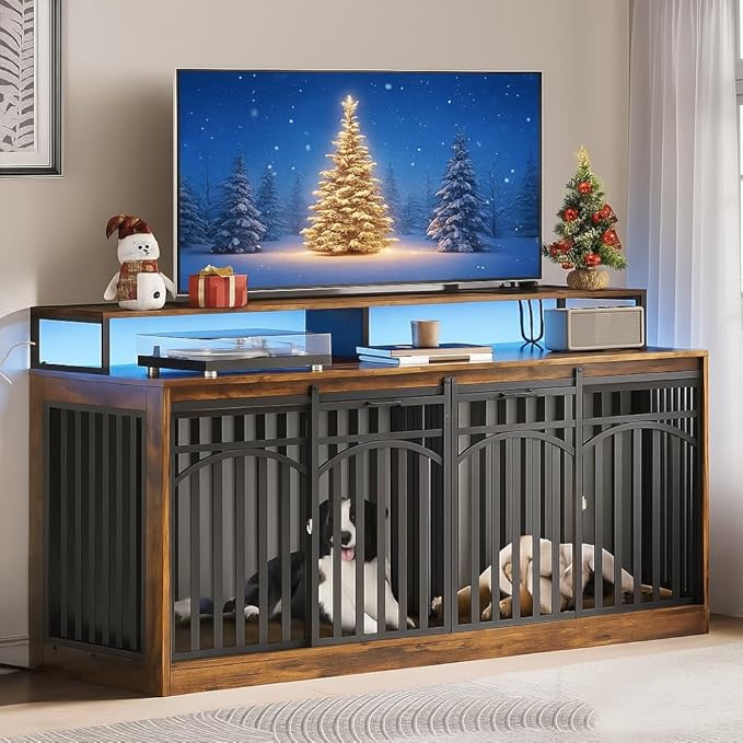 DWVO 71" Double Dog Crate Furniture with LED Light & Power Outlets | Heavy Duty Dual Dog Kennel TV Stand w Shelves & Sliding Doors, Wooden Dog Cage Table 2 Medium Large Dogs, Rustic Brown