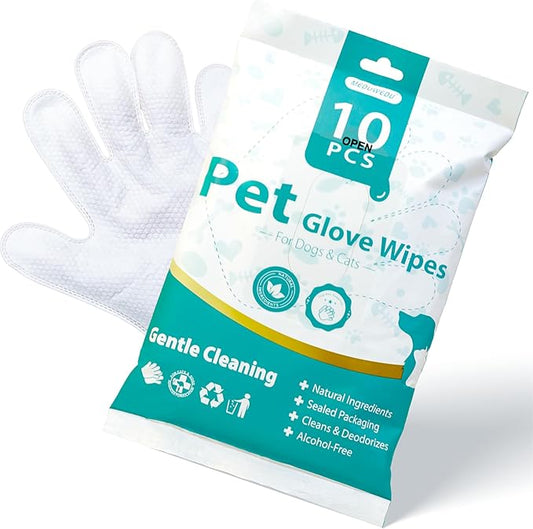 MEDUWEDU [10 Count] No-Rinse Pet Glove Wipes – 5-Finger Design, Coconut Oil & Aloe, Hypoallergenic Grooming Mitts for Dogs & Cats