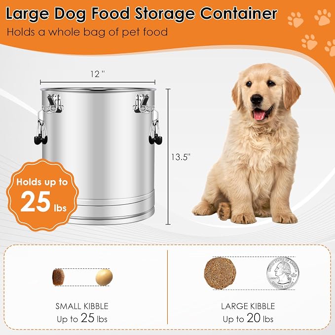 Stainless Steel Dog Food Storage Container,20LB/25LB Airtight Dog Food Storage Container with Lid to Keep Fresh,Easy Clean Large Pet Food Storage Container with Scoop for Cat Food,Chicken Feed,Rice